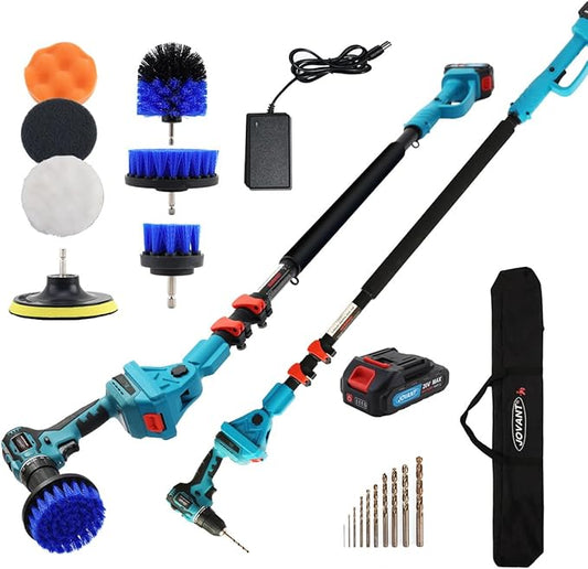 Cordless Telescoping Power Drill&Cleaning Tools with 1-Max 20V Battery and 2.0A Charger.2-in-1 Cordless Pole Drill and Cleaning Brush with 10Pcs Drill Bits and 7Pcs Drill Brush(Jovant)