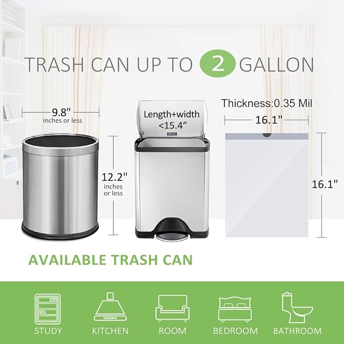 Teivio 2 Gallon 96pcs Strong Drawstring Trash Bags Garbage Bags, Bathroom Trash Can Bin Liners, Small Plastic Bags for Home Office Kitchen, White