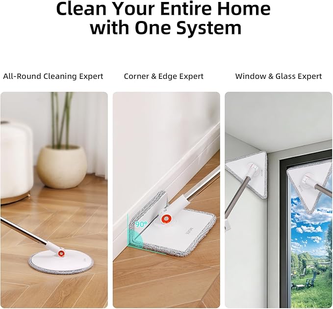 3-in-1 Precision Spin Mop & Bucket System, 71” Extra-Long Handle, Clean-Water Separation, 3 Specialized Heads for Baseboards & Corners, Compact for Hardwood & Micro-Porous Floors