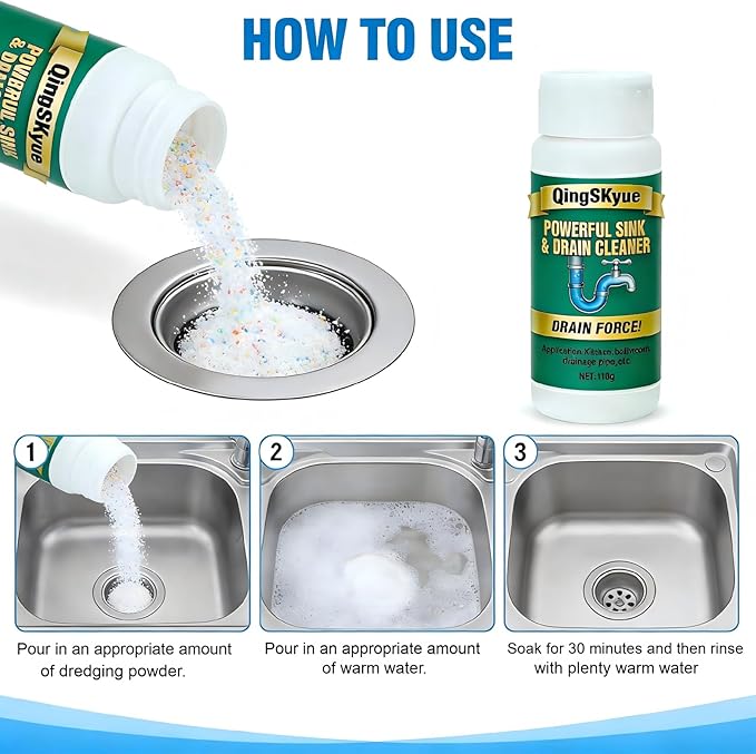 2 Pack Drain Cleaner & Clog Remover, Fast Foaming Powder (110g Each), Unscented for Kitchen Sink, Bathroom & Floor Drains