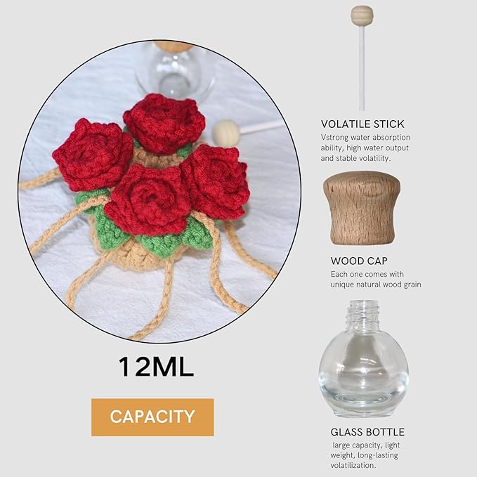 Handmade Crochet Hanging Car Air Freshener - Romantic Red Rose Design, 12ml Refillable Thick Glass Bottle, Car Diffuser for Rearview Mirror, Home & Office Romantic Decor