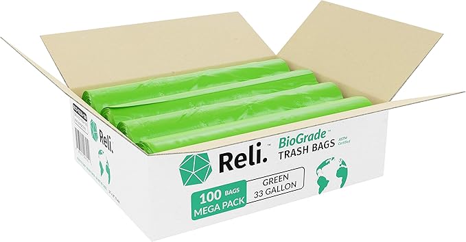 Reli. Biodegradable 33 Gallon Trash Bags, 100 Count, Green Eco Friendly, Degradable Under Certain Conditions, Custom-Fit for Compactor