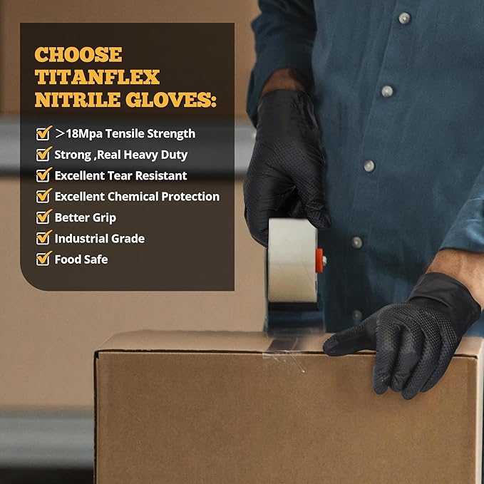TitanFlex Heavy Duty Black Industrial Nitrile Gloves with Raised Diamond Texture, Latex Free (6mil/8mil)