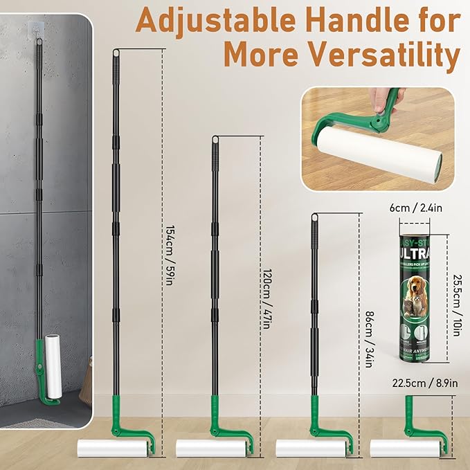 10" Large Lint Roller for Pet Hair Extra Sticky with Extra 3 Refills, Long Handle Floor Sticky Rollers with Big Lint Rollers Refills for Cleaning Carpets, Cars, Furniture
