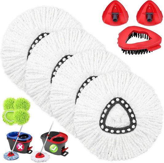 Chenille Mop Heads Replacements 4 Pcs & 4 White Mircofiber &1 Brush Head & 2 Base Set for Ocedar Easywring 1-Tank System,Reusable Microfiber Spin Mop Replacement Head for Floor Cleaning and Tile