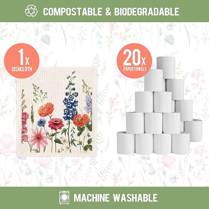 Morigins Wildflowers Butterflies Swedish Kitchen Dishcloths Reusable Sponge Cleaning Cloths Absorbent Dish Cloth Quick Drying Washable Cleaning Wipes 6pcs