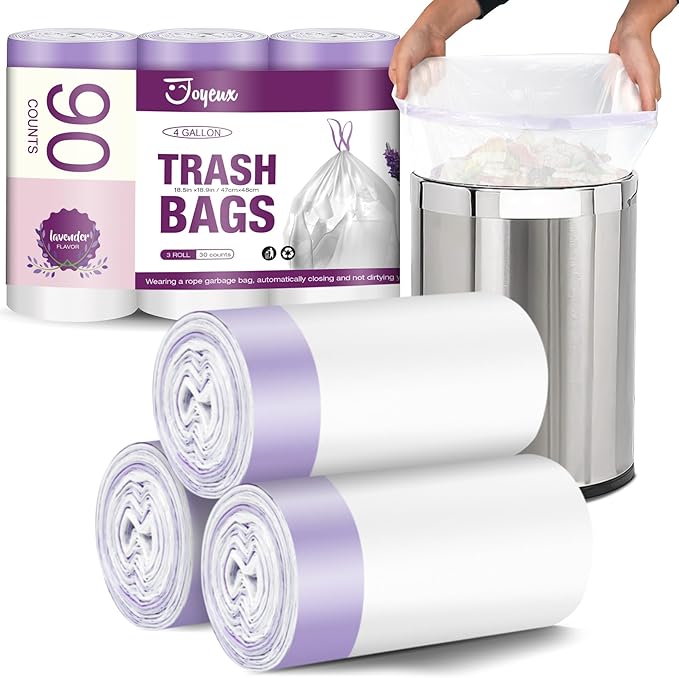 JOYEUX Small Trash Bags 4 Gallon - 90 Count Drawstring Small Garbage Bags, White Mini Trash Can Liners for Bathroom, Bedroom, Office, Faint Scented