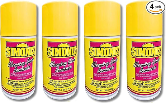 Simoniz Chewing Gum Remover Spray 7 Oz - Targets Stubborn Residues & Adhesives on Carpet, Furniture, & More! Versatile for Cars, Candle Wax, Mats, & Shoes (4-Pack)