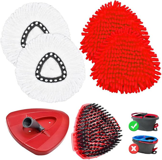 Mop Heads Replacement Compatible with O-Cedar EasyWring 1-Tank System, Includes 2 Microfiber + 2 Chenille Refills + 1 Scrub Brush + 1 Spin Mop Base for Hard Floor Cleaning