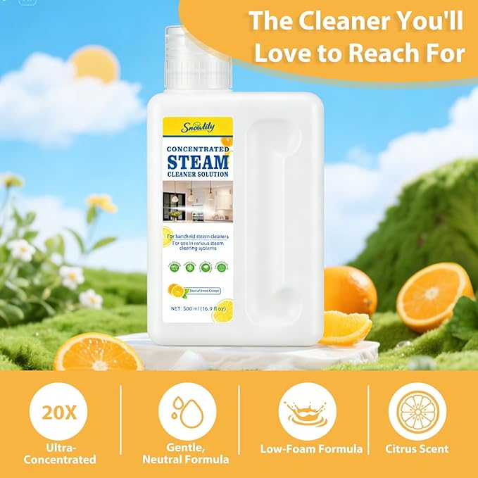 Snowlily 20X Concentrated Multi-Surface Steam Cleaning Solution for All Steam Mops & Machines – Cleans Floors, Curtains, Carpets & Fabrics, Fresh Floral Scent, 16.9 fl oz (Orange)