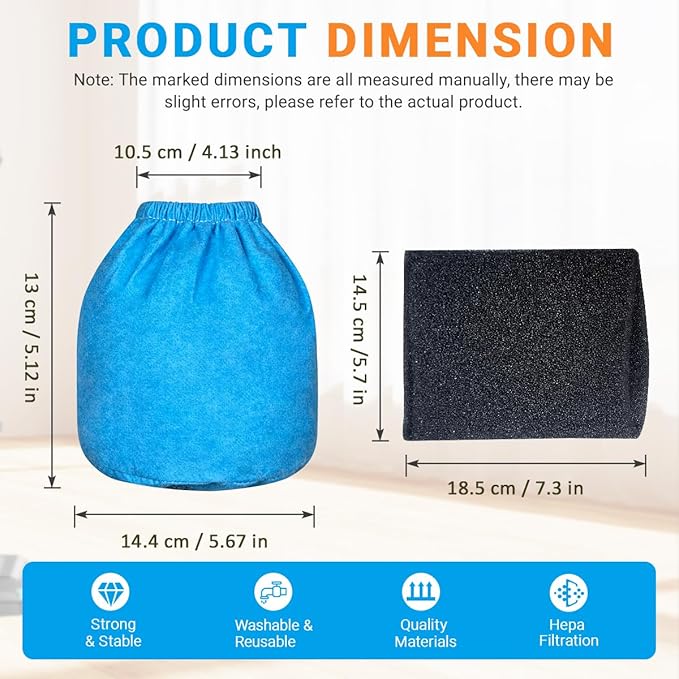 8 Pack VRC2 Cloth Filters & 2 Pcs VFF21 Foam Filter Kit Compatible with Vacmaster 1.5 to 3.2 Gallon Wet/Dry Vac, Fit for Armor All 2.5 Gallon Shop Vacuum: AA255, AA255W
