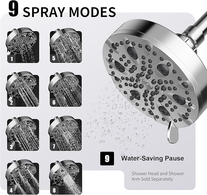 OFFO Shower Head, High Pressure Shower Head with Pause Mode, 9 Mode Fixed Showerheads for Strong Water Flow & Relaxing Shower Experience, Chrome