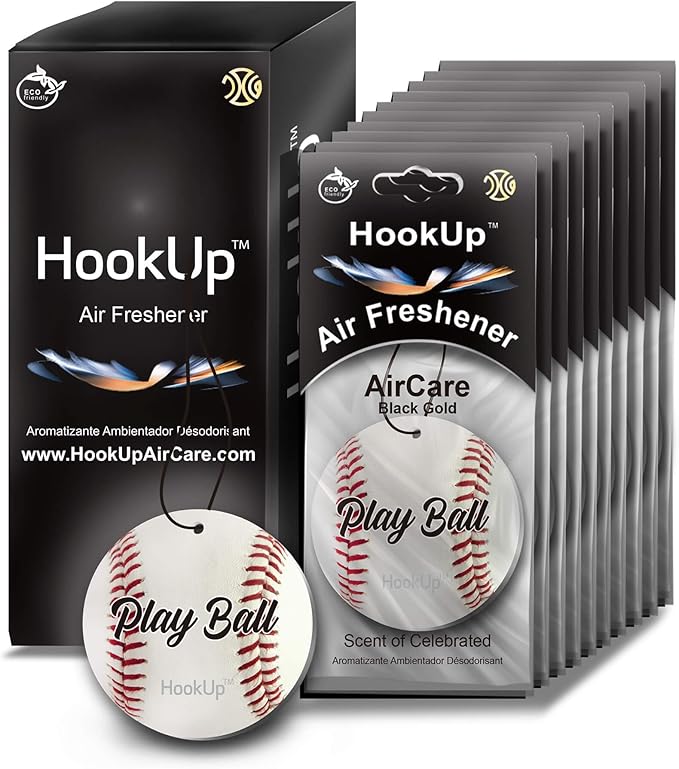 Baseball Car Air Freshener by HookUp - 10 Pack - Black Gold Scent (Extra Strong) | Unique Baseball Gift for Players, Coach, Fans | Hanging Car Accessory with Long Lasting Fresheners Smell