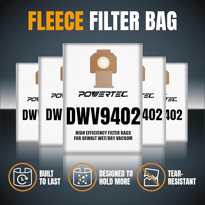 POWERTEC DWV9402 Fleece Bags for Dewalt 70PK, for Dewalt DWV010, DWV012, DWV015 8 & 10 Gallon Dust Extractor, Replacement Shop Vacuum Bags, Filter Bags for Dewalt (75029-Case14), Case of 70