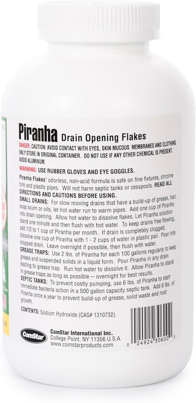 ComStar Piranha - Crystal Flakes, Non-Acid Drain Cleaner That Dissolves Grease, Hair & Root Growth in Sewer Lines Instantly, Made in USA, 2 Pounds (30-600)