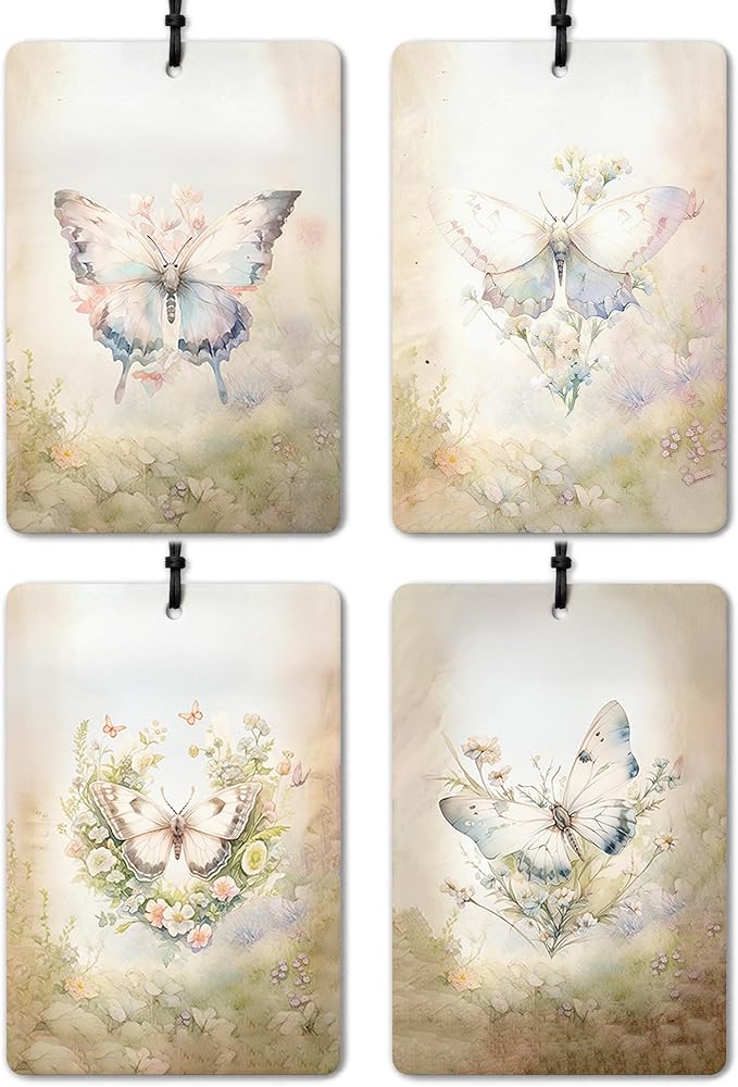 Floral Butterfly Moth Car Air Freshener 4 Pcs, Cottagecore Spring Botanical Wildflower Insect Hanging Air Freshener for Cars Closet Drawer Books, Butterfly Car Accessories for Women