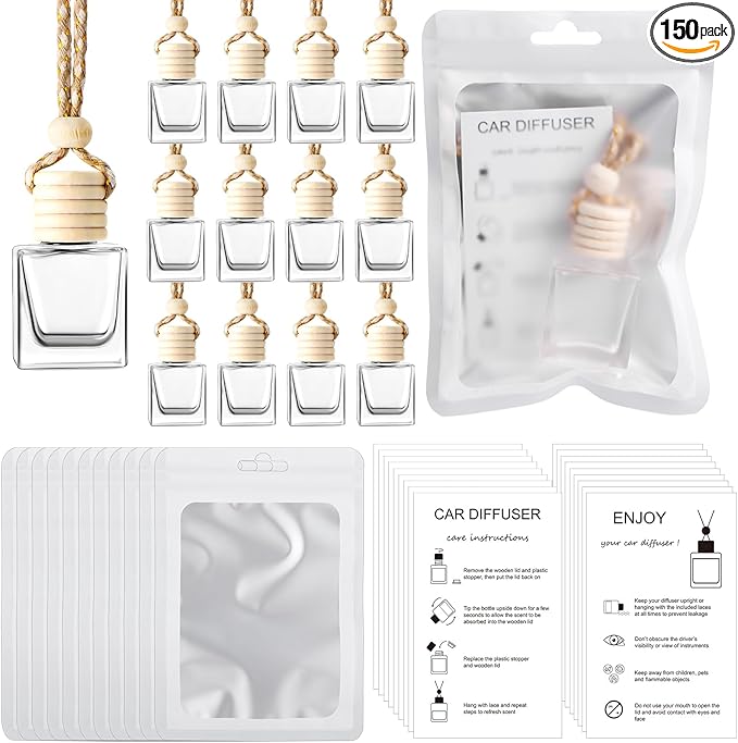 Boao 150 Sets Hanging Car Air Freshener Diffuser Bottles with Instruction Card and 4 x 6'' Resealable Holographic Bag for Empty Car Essential Oil Perfume Bottles Packaging (Cube)