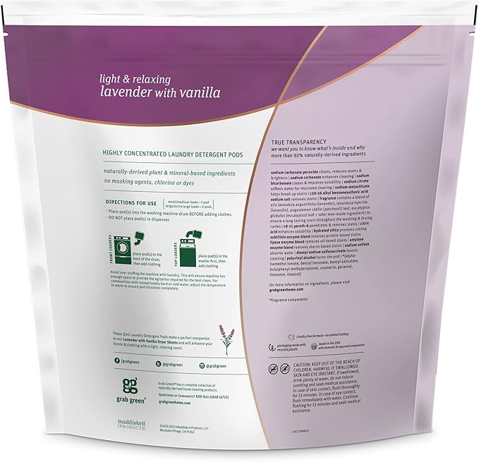 Grab Green 3-in-1 Laundry Detergent Pods, Lavender Vanilla Scent, Plant and Mineral Based, Superior Cleaning Power, Stain Remover, Brightens Clothes, White, 132 Count