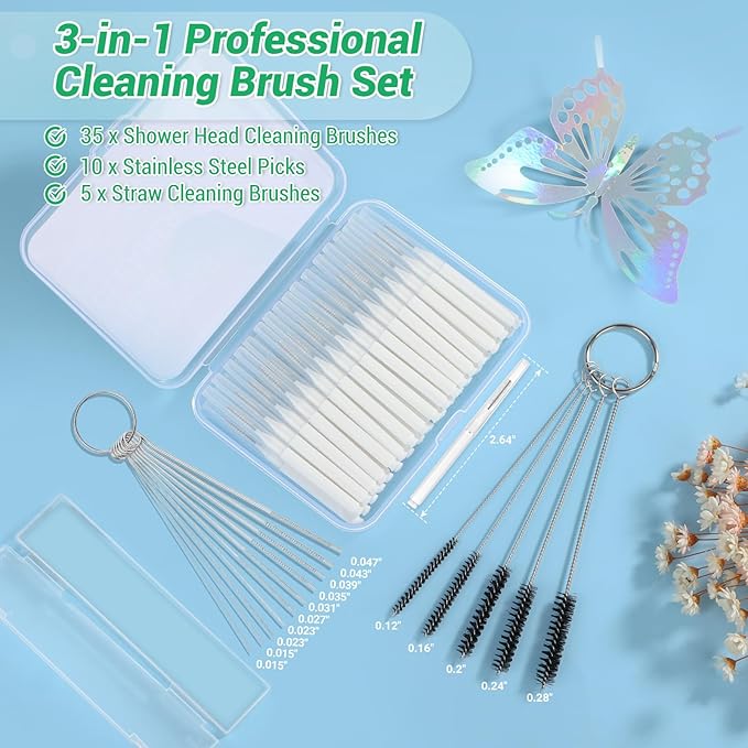 MAPVOLUT 50-in-1 Shower Head Cleaner Kit with Stainless Steel Needles | Reusable Straw Brush | Unclog Tiny Nozzles for Shower, 3D Printer, Straws, Faucets, Electronics | White