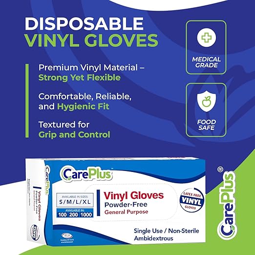 CARE PLUS Latex-Free Vinyl Gloves Clear Small Size 100 Count | Heavy Duty, Non-Sterile, Powder-Free, Rubber | Food Prep, Kitchen & Cleaning Gloves, Ideal for Professional Use