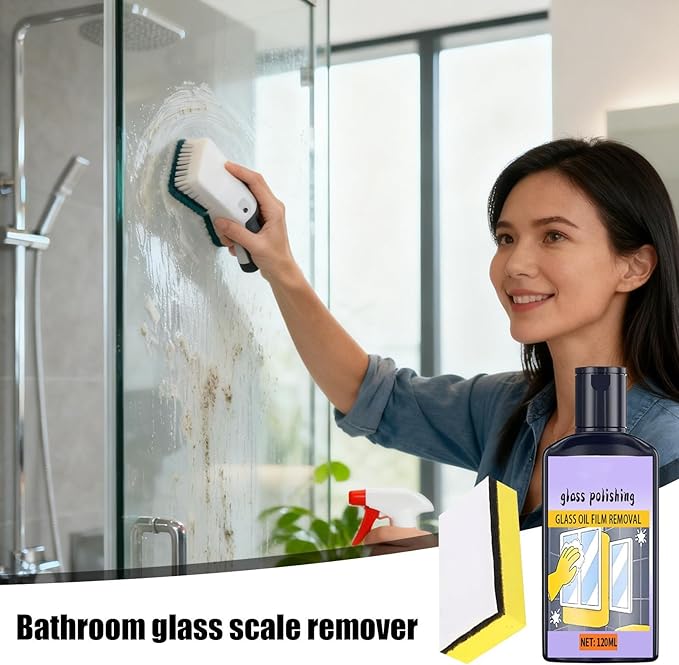 Shower Glass Cleaner - 120ml Window Oil Film, Cleaner with Sponge, Household ing, Toilet Tub Washbasin, Bathroom Kitchen Shower, Tile Mirror Cleaning, Home Window Care