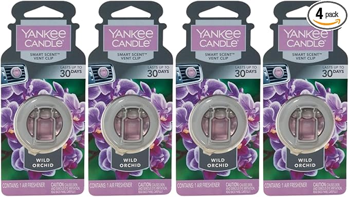Yankee Candle Smart Scent Auto Vent Clip, Wild Orchid, Car Air Freshener Odor Neutralizer and Tropical Floral Fragrance for Automotive Vents, Long Lasting, 1 Count (Pack of 4)