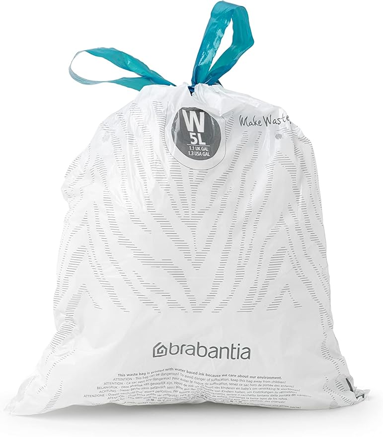 Brabantia PerfectFit Trash Bags (Size W/1.3 Gal) Thick Plastic Trash Can Liners with Drawstring Handles (200 Bags)