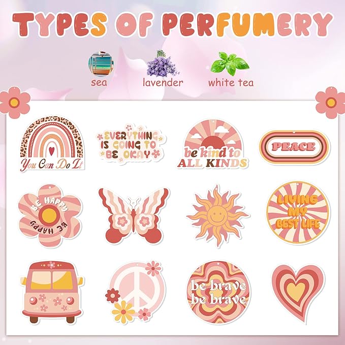 Demissle 24 Pcs Boho Hippie Car Air Fresheners Bulk Cute Groovy Hanging Air Freshener Pink Rainbow Scented Fresheners Rearview Mirror Decor for Women Gift Car Accessories
