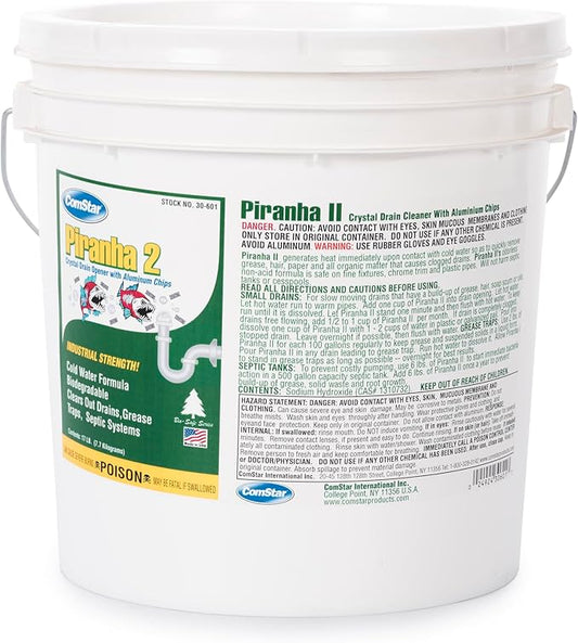 ComStar Piranha - Crystal Flakes, Non-Acid Drain Cleaner That Dissolves Grease, Hair & Root Growth in Sewer Lines Instantly, Made in USA, 17 Pounds (30-601)