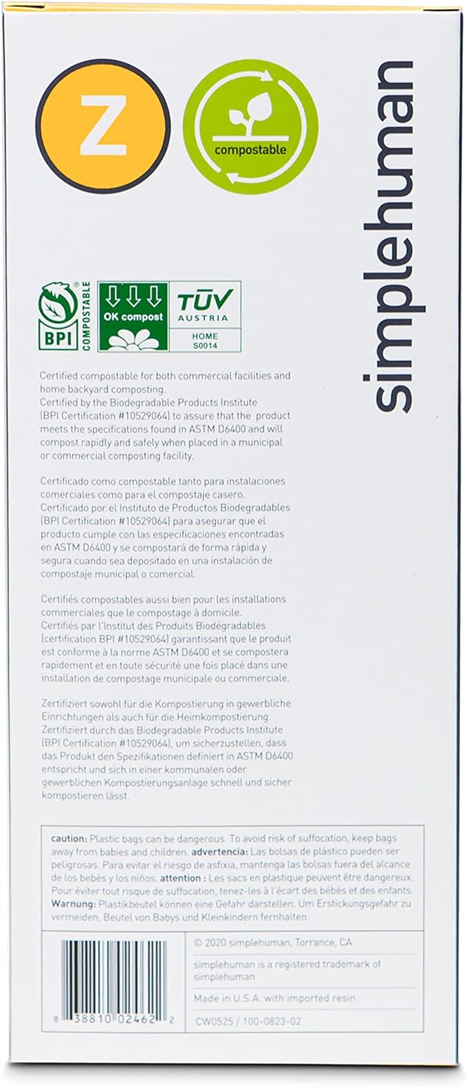 simplehuman Code Z 30 Count, Genuine Custom Fit Liner, Compostable Trash Bags in Dispenser Packs