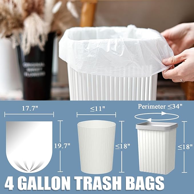 4 Gallon Small Trash Bags, 250 Count, Unscented, Transparent, Durable, Ideal for Bathroom, Kitchen, Office, Bedroom