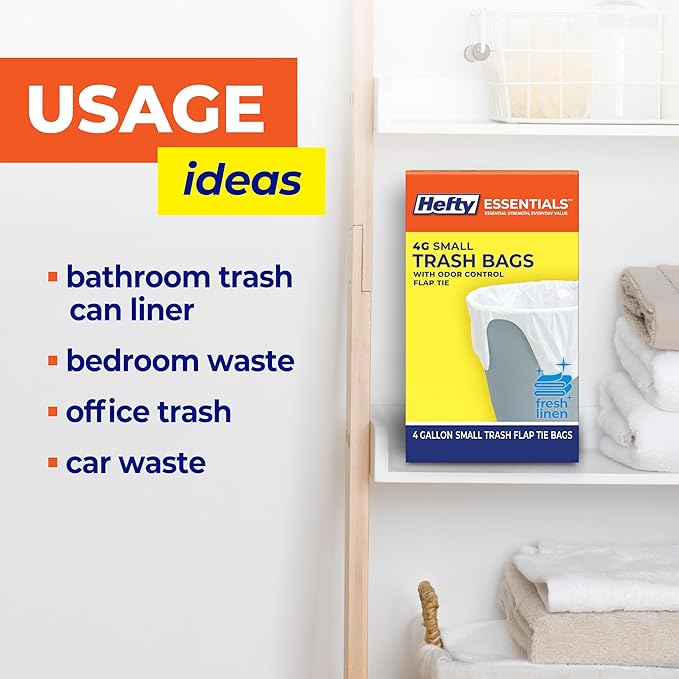 Hefty Essentials Flap Tie 4 Gallon Trash Bags, 80 Count, Small Scented Trash Bags for Bathrooms, Bedrooms, Dorm Rooms, Home Offices, and More, Fresh Linen Scent, White