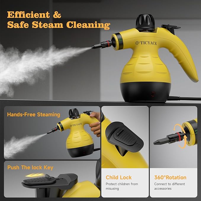 TICYACK Handheld Steam Cleaner, Steam Cleaner with 16 PCS Accessory & Safety Lock, Capacity, Multi-Surface Deep Cleaning for Home, Car, Bathroom, Grout, Floor, Window(Yellow)