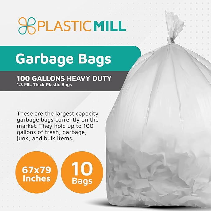 PlasticMill Heavy Duty Trash Bags - Clear Garbage Bags - Plastic Trash Bags for Large Rolling Trash Bins - Tall Trash Bags - 100-Gallon Large Kitchen Trash Bags, 1.3 Mil, 67"x79" (10-Count)