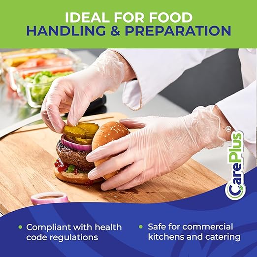 CARE PLUS Latex-Free Vinyl Gloves Clear Extra Large Size 100 Count | Heavy Duty, Non-Sterile, Powder-Free, Rubber | Food Prep, Kitchen & Cleaning Gloves, Ideal for Professional Use