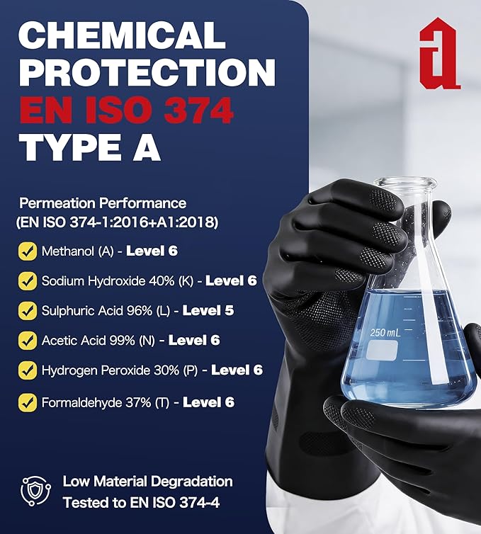 Heavy Duty Rubber Safety Work Gloves, Chemical Resistant Latex Gloves for Cleaning, Acid & Alkali Protection, Hazmat Use, Black, Large