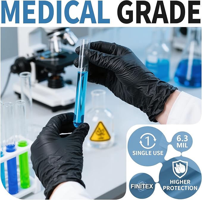 FINITEX Black Nitrile Disposable Medical Exam Gloves - 100/1000 PCS 6.3mil Powder-Free Latex-Free Food Gloves