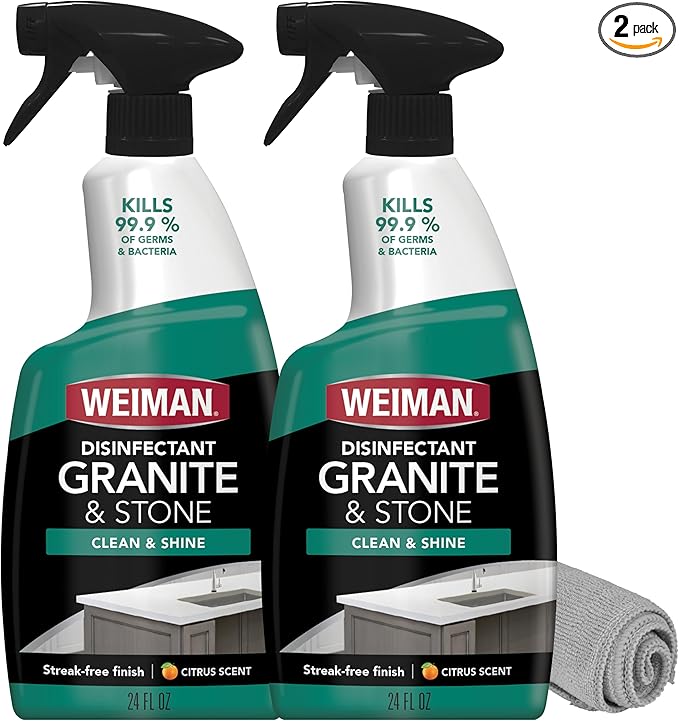 Weiman Disinfectant Granite Daily Clean & Shine (2 Pack with Polishing Cloth) Safely Clean Disinfect and Shine Granite Marble Soapstone Quartz Quartzite Slate Limestone Corian Laminate Tile Countertop