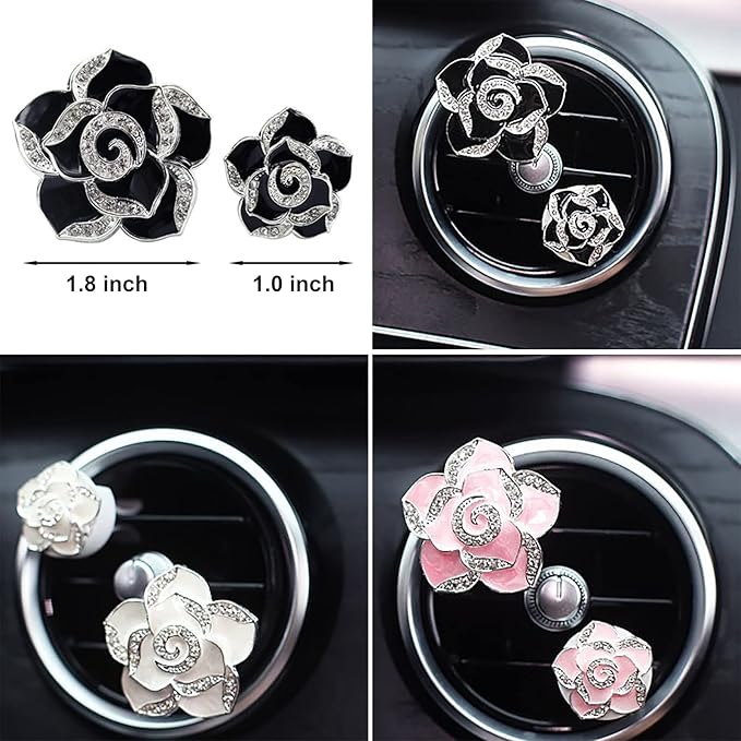 2 Pcs Camellia Air Vent Clips, Cute Flower Car Air Freshener Clip, Bling SUV Outlet Decorations, Crystal Rose Vent Diffuser, Charm Car Inter Decor Accessories for Women Girls
