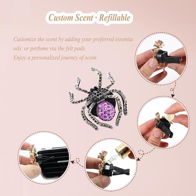 Spider Car Decor,2pcs Purple Black Spider Air Vent Clips Car Fresheners,Bling Goth Horror Decorations Accessories,Refillable Essential Oil Diffuser