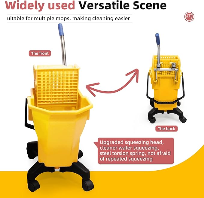 6.6 Gallons Mop Bucket with Wringer - Non-Tip Design & Heavy-Duty Plastic, Spin Mop System for Hardwood Floors, Space-Saving Single Bucket (Yellow, 6.6 Gallons)