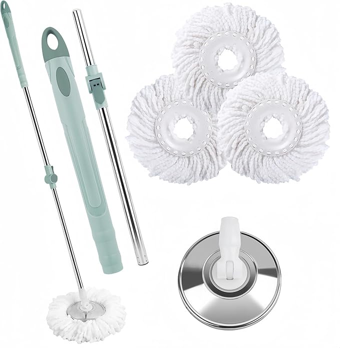 Spin Mop Replacement Handle, Upgraded Reinforced Locking 360° Spinning Adjustable Cleaning Mop, 2 Reinforced Locking Telescopic Rods + 3 Reusable Microfiber Mop Refills + 1 Stainless Steel Tray