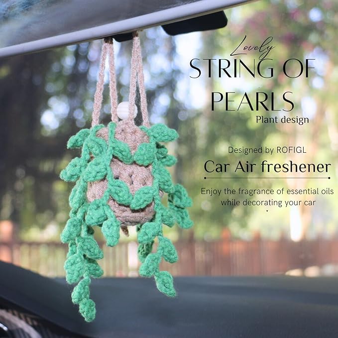 Handmade Crochet Hanging Car Air Freshener,12ml Empty Refillable Oil Diffuser Bottle with Crochet Hanging succulents Plant for Car Rearview Mirror for Home, and Office Hanging Diffuser Decor