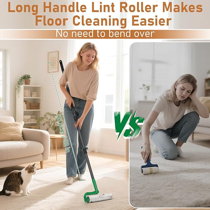 10" Large Lint Roller for Pet Hair Extra Sticky with Extra 3 Refills, Long Handle Floor Sticky Rollers with Big Lint Rollers Refills for Cleaning Carpets, Cars, Furniture