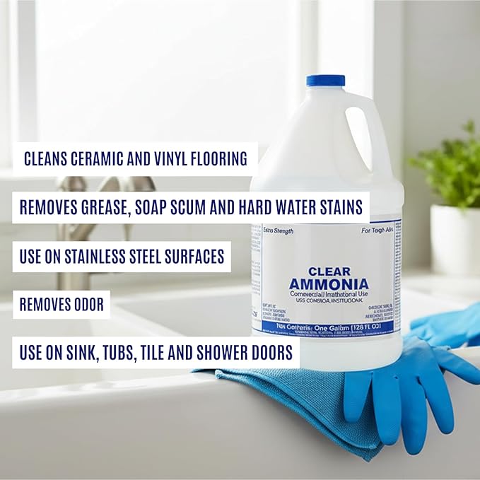(4 Gallons) Clear Ammonia Cleaner Liquid, Multi-Surface Cleaning Solution | Removes Grease, Hard Water Stains and Odors - Multipurpose Kitchen Bathroom and Commercial Use - 1 Gallon, 4 Pack