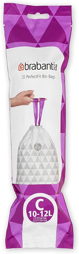 Brabantia PerfectFit Trash Bags (Size C/2.6-3.2 Gal) Thick Plastic Trash Can Liners with Drawstring Handles (200 Bags)