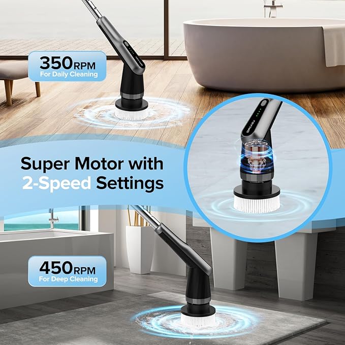 G2-Pro Electric Spin Scrubber - IPX7 Waterproof 12-in-1 Shower Cleaner Brush, Retractable Handle & 2-Speed for Bathroom, Bathtub, Kitchen, Tile Floors