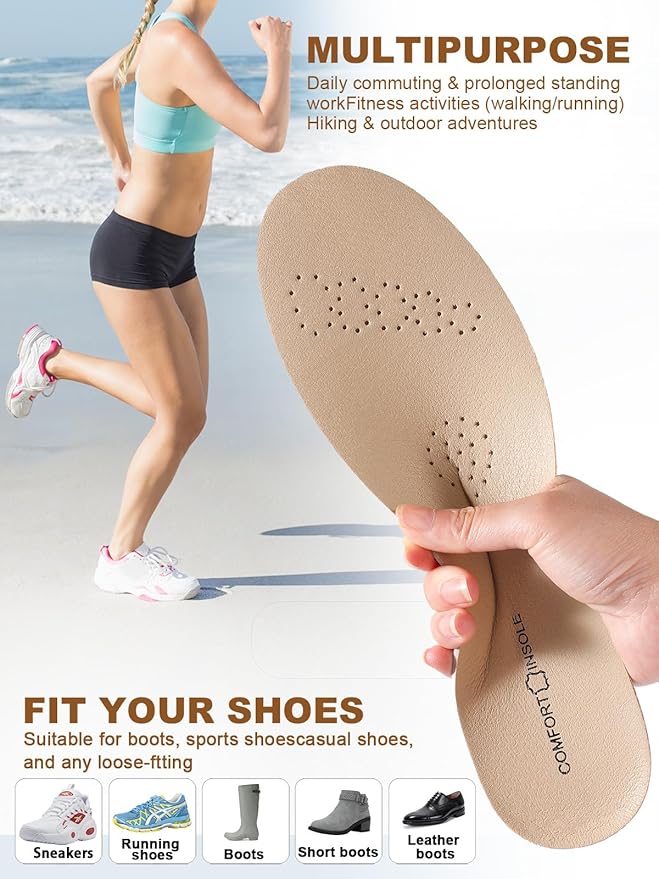 Leather Sockless Shoe Insoles for Women (Peach-Beige, X (Men 10-10.5/Women 10-11.5))