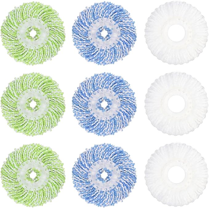 9 Pack Spin Mop Head Replacement Compatible with Hurricane, 6.3" Washable Microfiber Spin Mop Refills for Home Floor Surface Cleaning, 3 pcs White + 3 pcs Green +3 pcs Blue