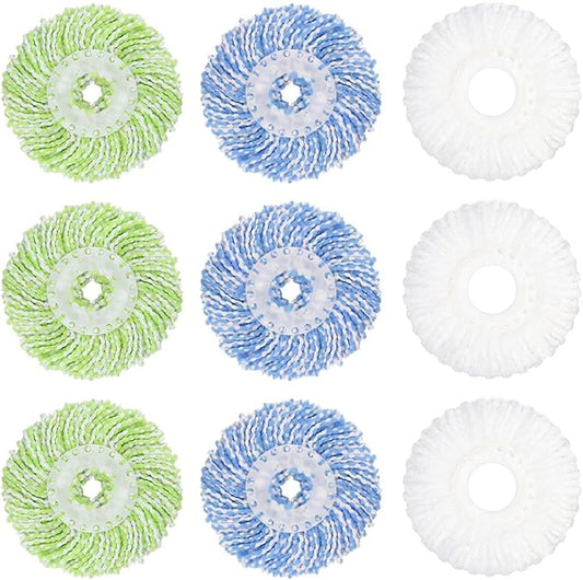 9 Pack Spin Mop Head Replacement Compatible with Hurricane, 6.3" Washable Microfiber Spin Mop Refills for Home Floor Surface Cleaning, 3 pcs White + 3 pcs Green +3 pcs Blue